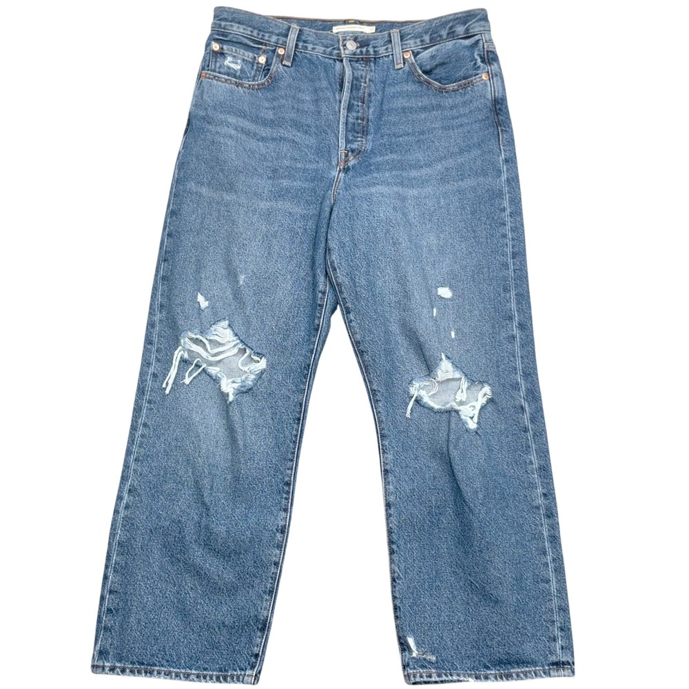 Levi's Jeans Women 32W 27L‎ Blue Ribcage Straight Distressed Button Fly Denim